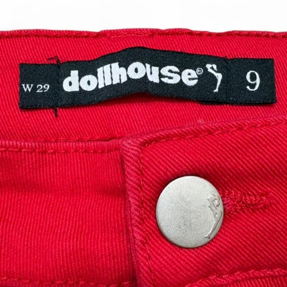 Denim Mini Skirt Cherry Red Vintage-Vibe Dollhouse Frayed hem Size 9 Y2K grunge - Picture 7 of 8